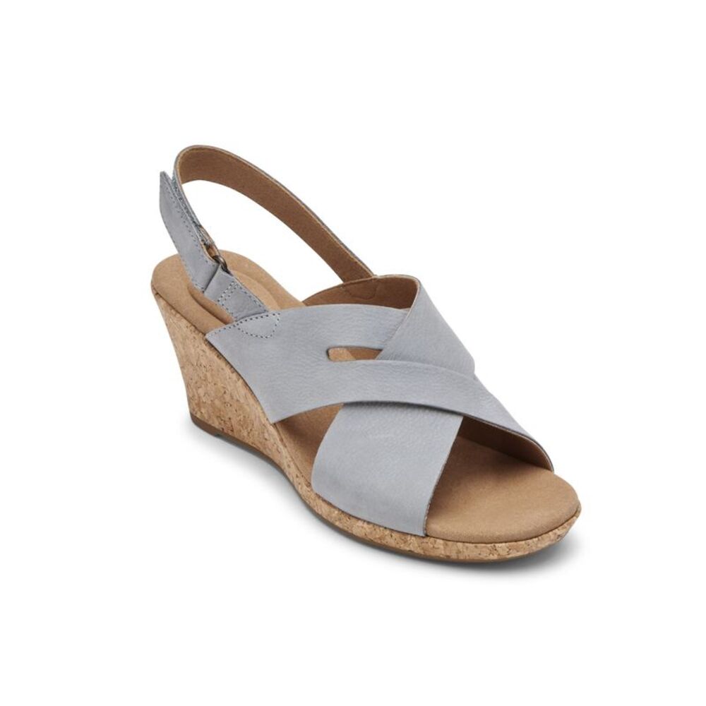 NWT ROCKPORT Womens Gray Briah Slot Sling Open Wedge Leather Slingback Sandal 5